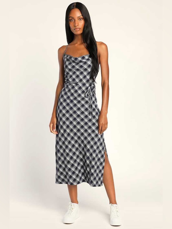 Lulus Dresses & Skirts - NWT Lulus Instant Crush Navy Plaid Cowl Neck Cross Back Midi Dress Size M